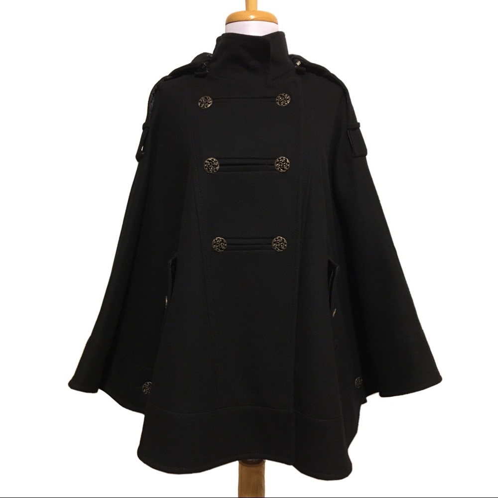 Kenneth Cole Military Black Wool Cape Hood Small